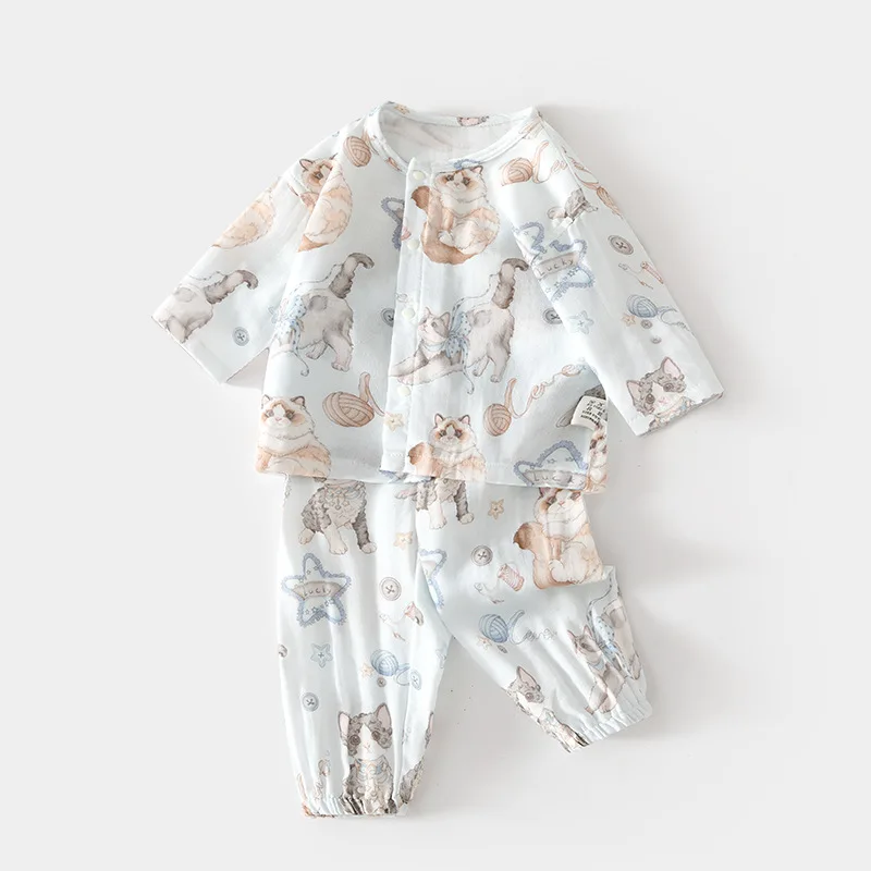 Baby Cotton Pajama Sets Baby Homewear Long-Sleeved Bamboo Fiber Top Pants Children Summer Air Conditioning Room Clothes Girls