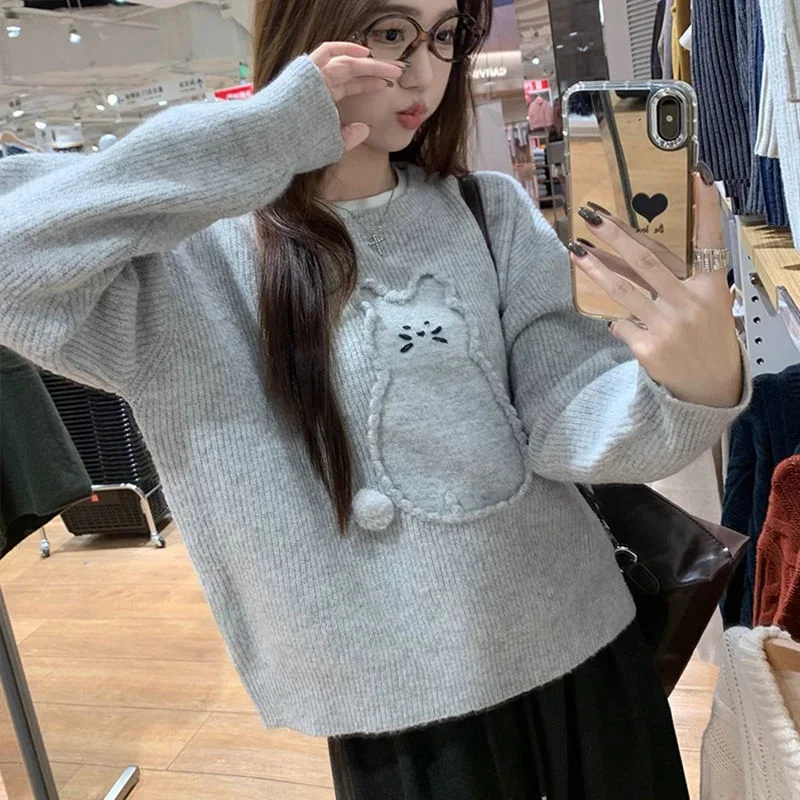 

Korean Style Round Neck Short Gray Cat Sweater Autumn and Winter Loose Pullover Sweater Top