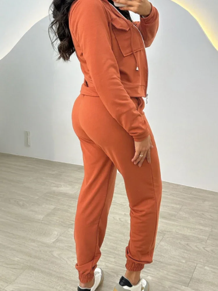 

Long Sleeve Stand Collar Zipper Coat and Casual Elastic Waist Drawstring Pants Sets