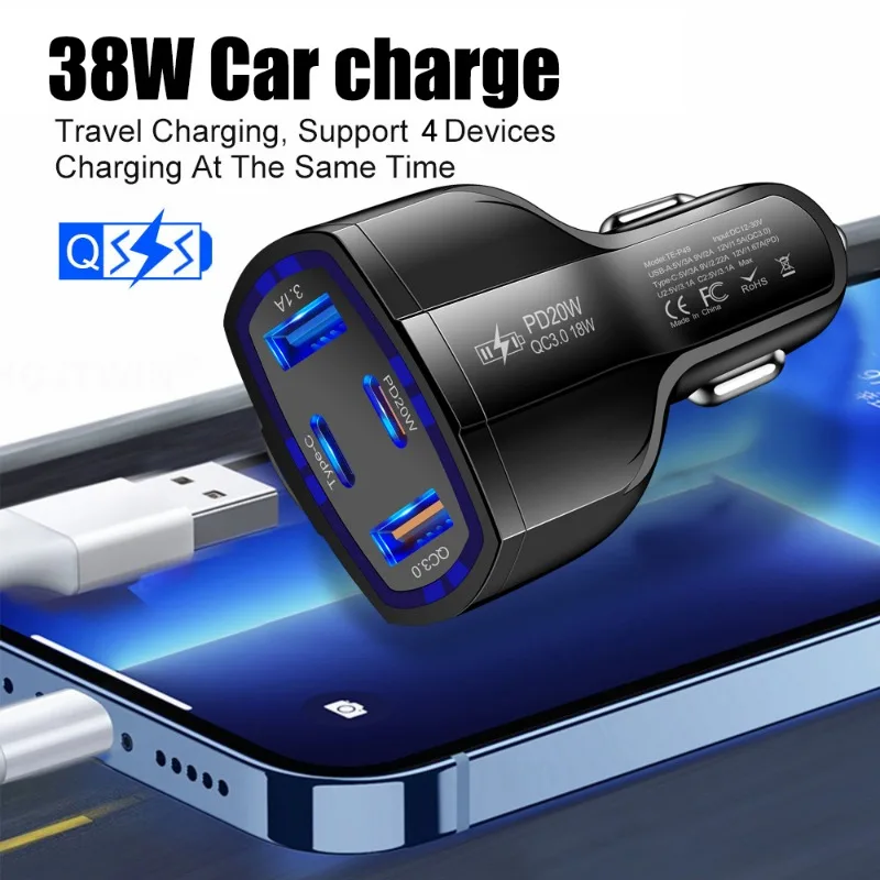 携帯電話用タイプC充電器,自動シガレットライター38w,4 in 1, 2USB,2d,qc3.0