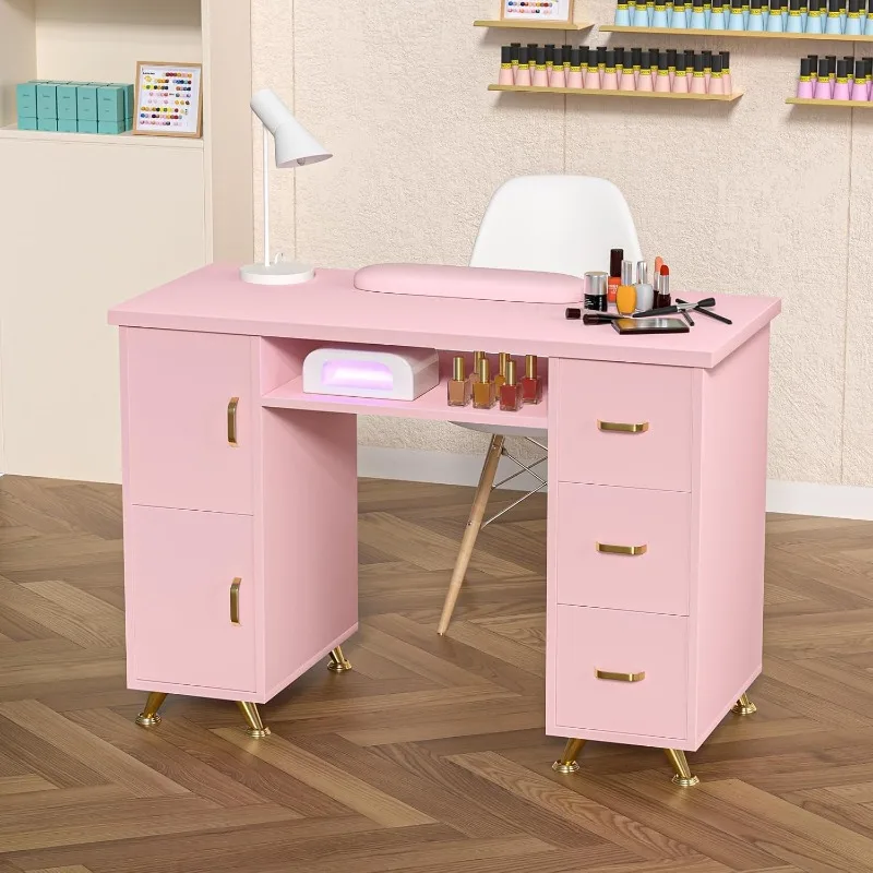 Manicure Table Nail Desk Station with Golden Handles Nail Tech Desk Acetone Resistant Table for Tech