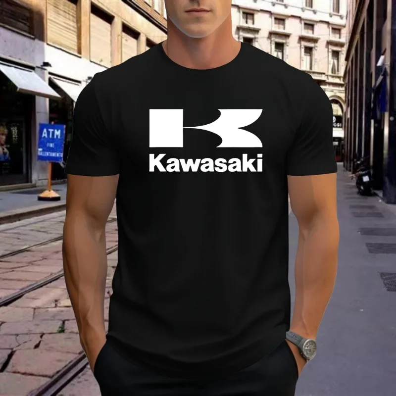 

2025 New Men's Top High Street Men's Shoulder Round Neck Short Sleeve T-shirt Kawasaki Logo Cool Motorcycle Top