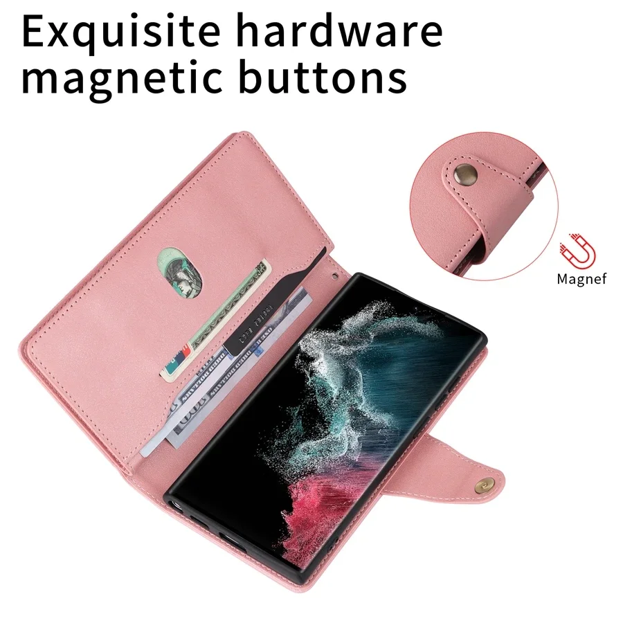Wallet Rivet Buckle Zipper Leather Case For Samsung Galaxy S22 Ultra S21 FE S20 FE 2022 S10 S9 S8 Plus Note 20 Ultra 10 Lite 9