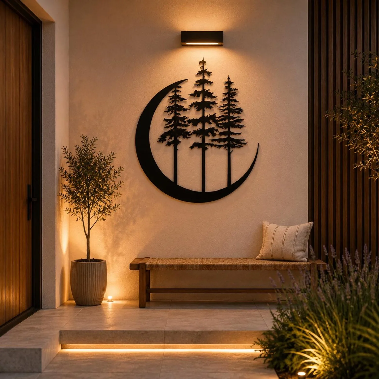 Crescent Moon With Pine Trees Metal Wall Art Sculpture For Nature Inspired Home Decor And Outdoor Patio Accent