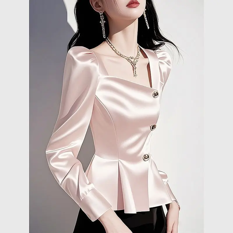 

High-end Shirt with Light Luxury Super Beautiful Unique Beautiful Temperament Square Neck Long-sleeved Top Women JJ497