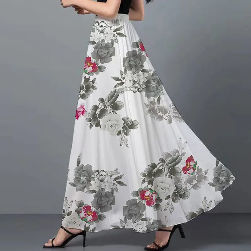 2024 Summer Long Lightweight Large Size Chiffon Skirt Womens Bohemian Flare Casual Floral Skirt Holiday Style Female Skirts