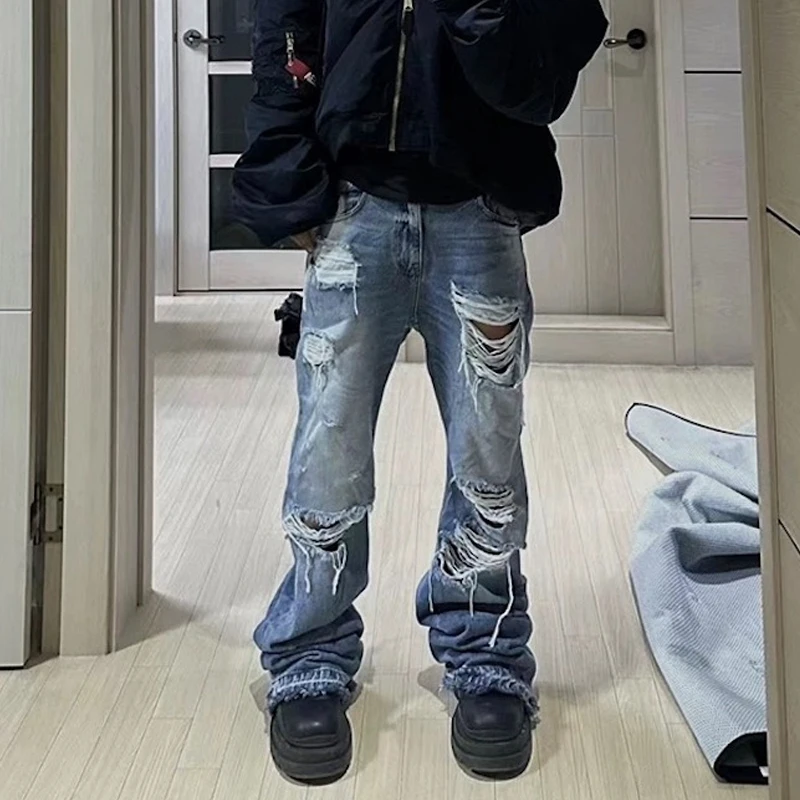 American High Street Undermycar Lightning Hole Fringe  Flared Jeans Men Trendy Brand Jeans Middle Waist Zipper Fly