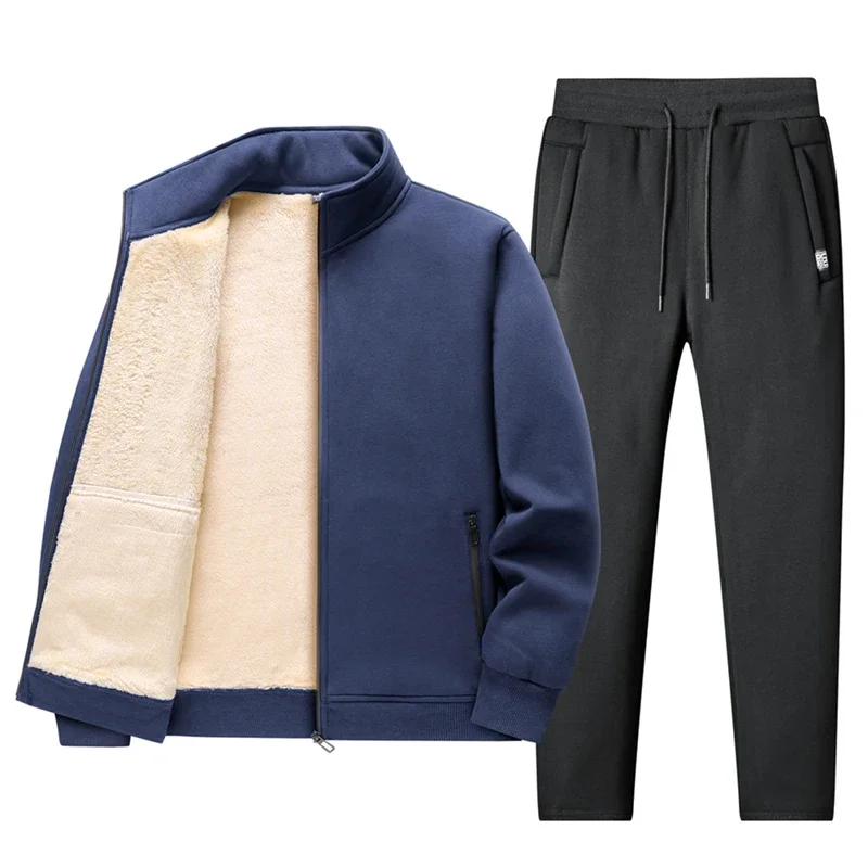 Winter Warm Cashmere Sets Thermal Hoodies Fleece Tracksuit Hooded Windproof Mens Running Sportswear 2 Pieces Jacket + Pants