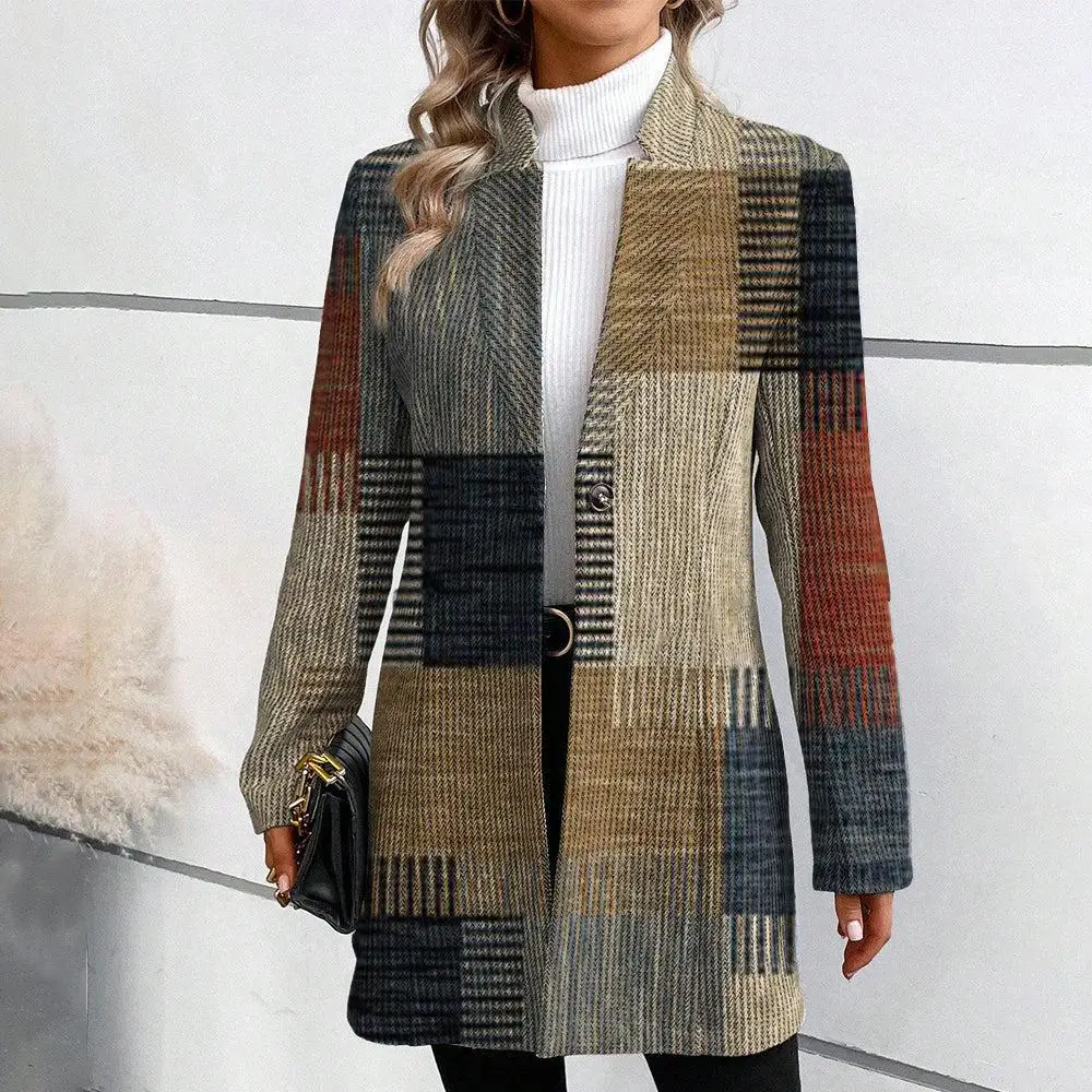 Women's Printed Stand-up Collar Medium and Long-sleeved Trench Coat 2025 New Cross-border Foreign Trade Europe America