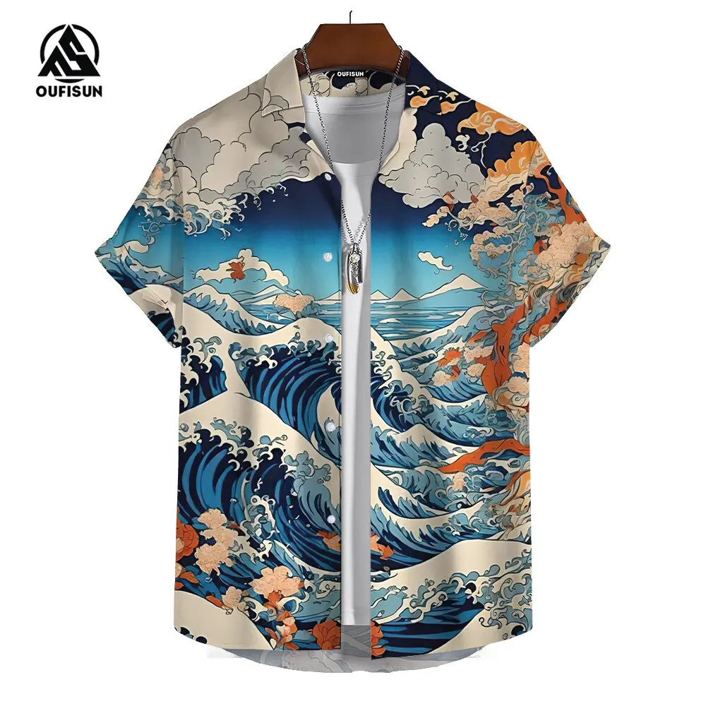 Summer Men\'s Short Sleeve Shirt Japanese Style Printed Sakura Fuji Mountain Pattern Street Fashion Men\'s Shirt Oversized Tops