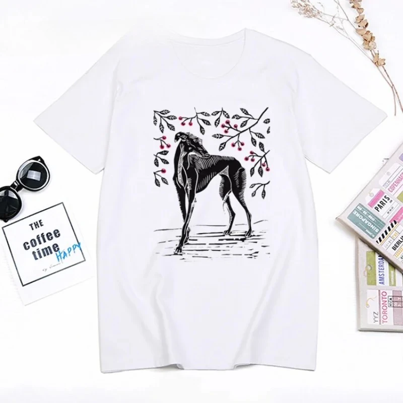 Greyhound Print Women's T-shirt, Y2K Style Basic Crew Neck Short-sleeved White T-shirt Summer Women's Clothing.Summer Streetwear