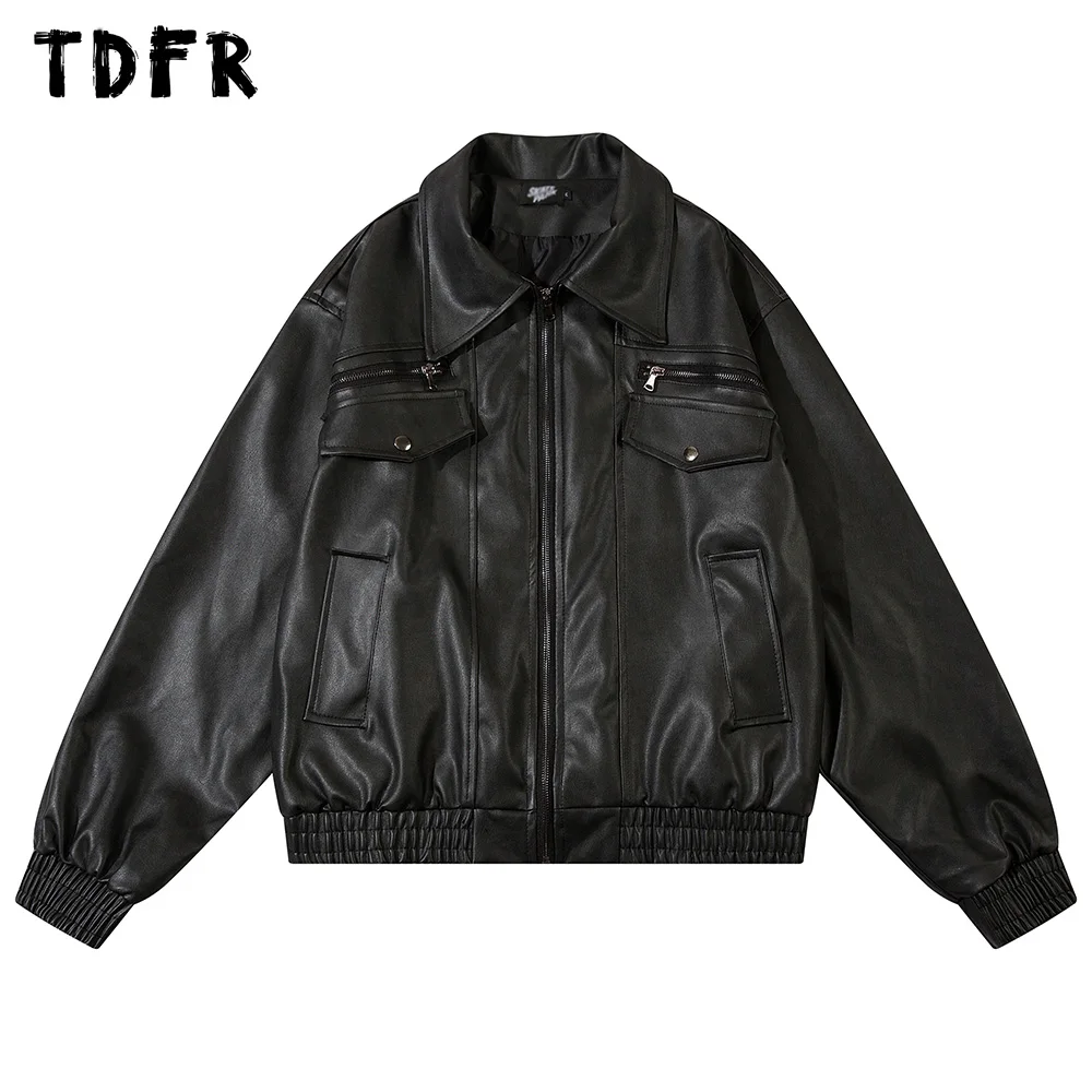 Pocket Spliced Motorcycle Leather Jacket Mens Spring Streetwear Lapel Zipper Long Sleeve Jacket Men