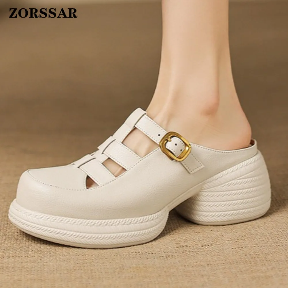 Women's Platform Wedge Mules Slippers Genuine Leather Closed Toe Sandals with Gold Buckle Height Increasing Slip on Clogs