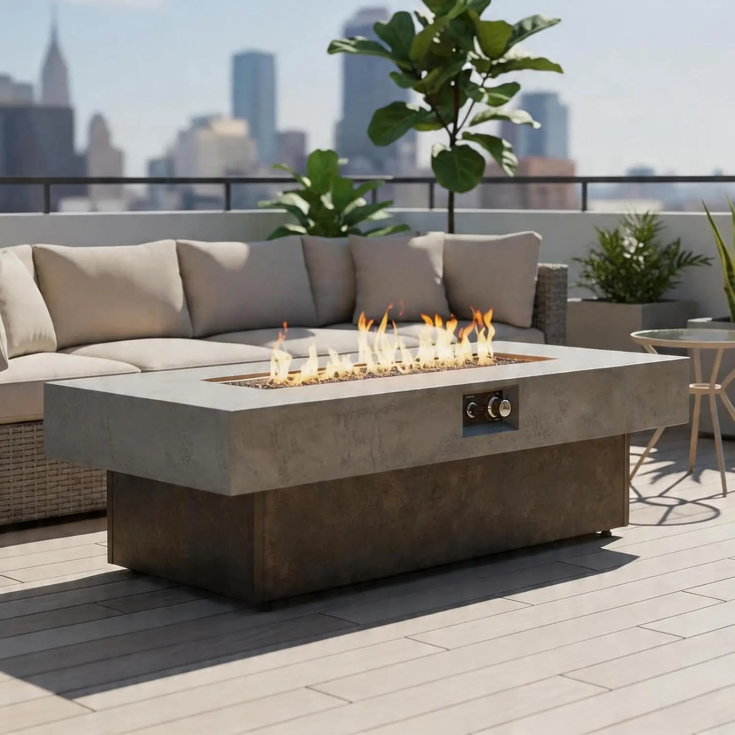 55 Inch Propane Fire Pit Table, 50000 BTU Outdoor Rectangle Gas Fire Table with Lid, External Tank, Cement Look, Customized