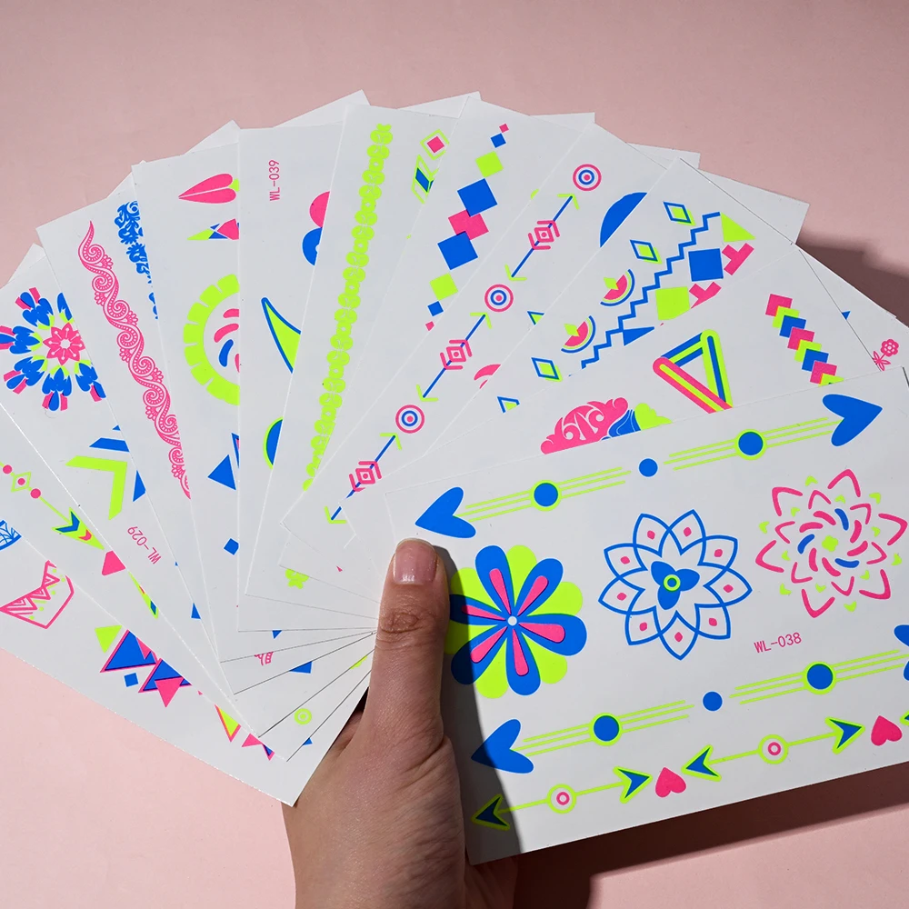 12/24 stücke Leuchtende Temporäre Tattoos Aufkleber UV Neon Fluoreszierende Glow in the Dark Für Körper Gesicht Tattoo Aufkleber Party zubehör – Detail 6