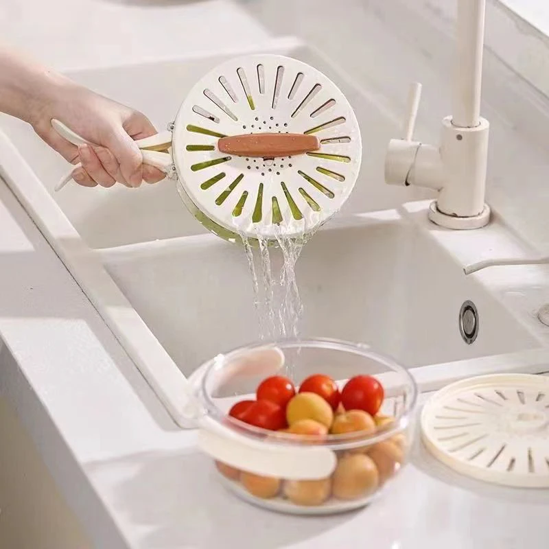 1PC New Drain Basket With Lid Fruit Rice Washing Drain Basket With Handle Refrigerator Storage Bowl Home Kitchen Organizer