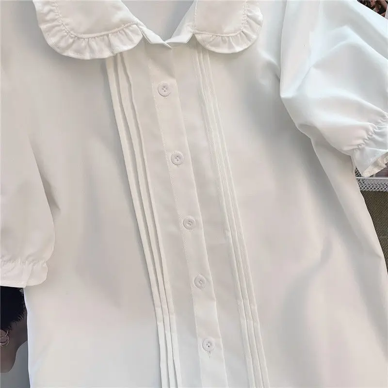 White Shirts Women Peter Pan Collar Puff Sleeve Simple Basic Korean Style Students Kawaii JK Summer Sweet Age-reducing All-match