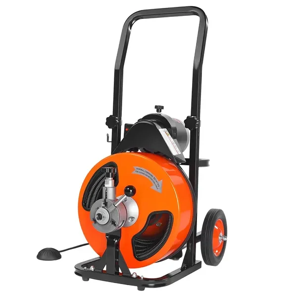 Máquina Desatascadora de Drenajes de 100 Pies x 1/2 Pulgada, Desatascador de Alcantarillado con Alimentación Automática, 4 Cortadores y Interruptor de Pie Activado por Aire para Tuberías de 1' a 4'