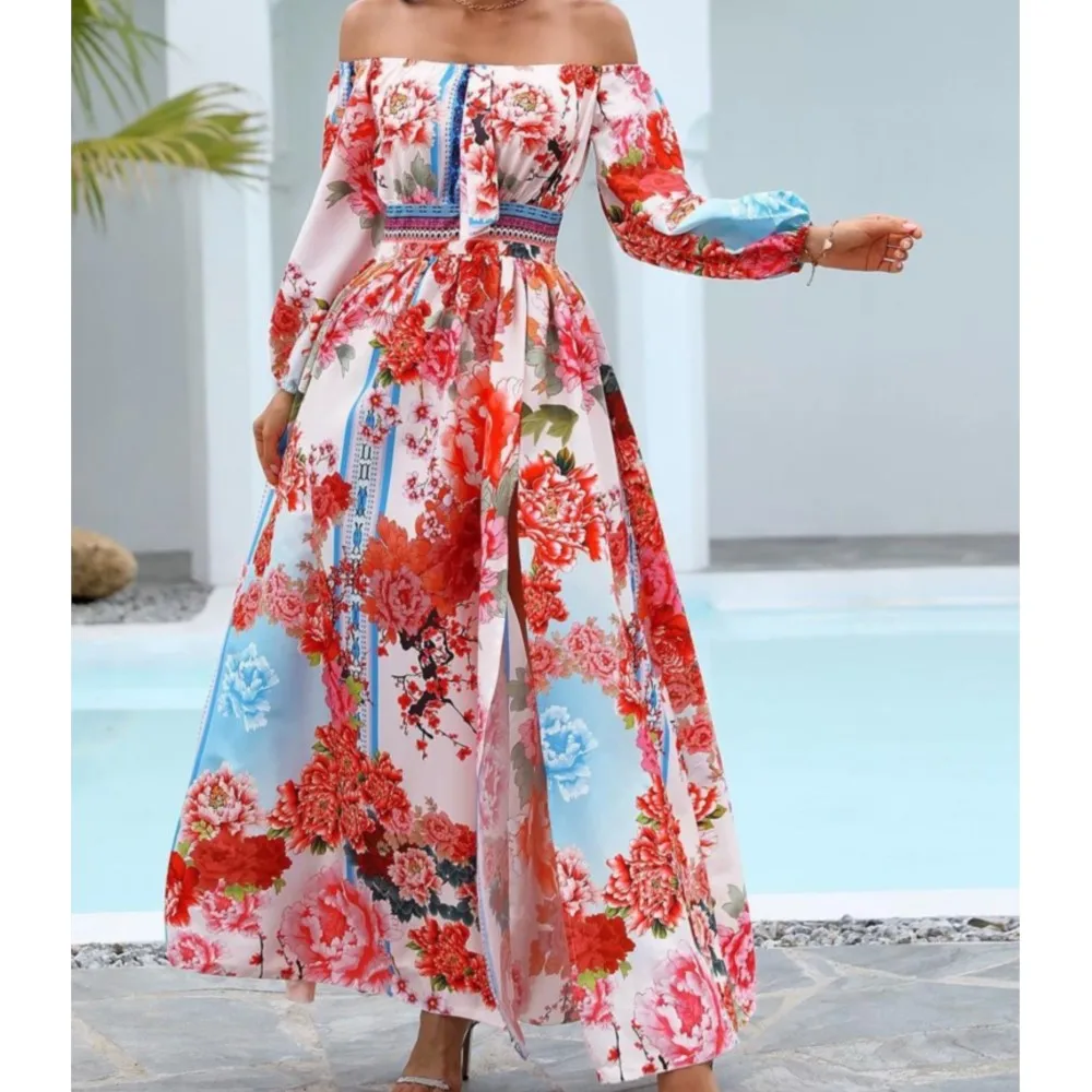 

Women's Spring Summer New Dress Fashion Printed Sexy V-neck Retro Long Sleeve Large Swing Split Long Dress