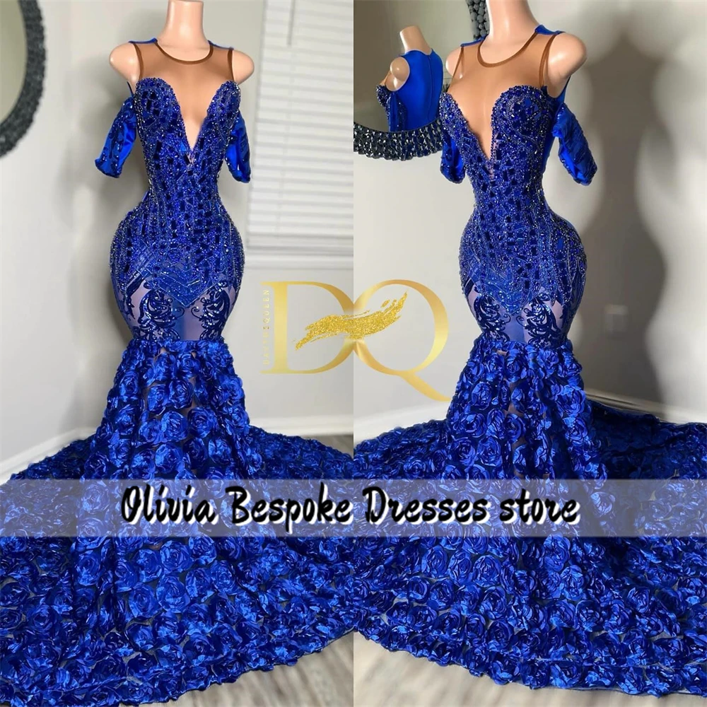 킹 블루 오프 숄더 무도회 드레스, 구슬 장식 거울 조각, 장미 구김 기차, 인어 웨딩 이브닝 가운, 맞춤형