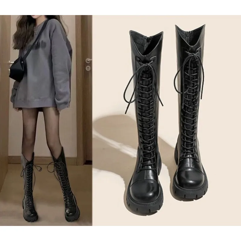الشتاء منصة الصليب الدانتيل يصل امرأة فارس الأحذية موضة أحذية كعب سميك الشارع نمط الإناث قصيرة أفخم الجوارب الطويلة #2