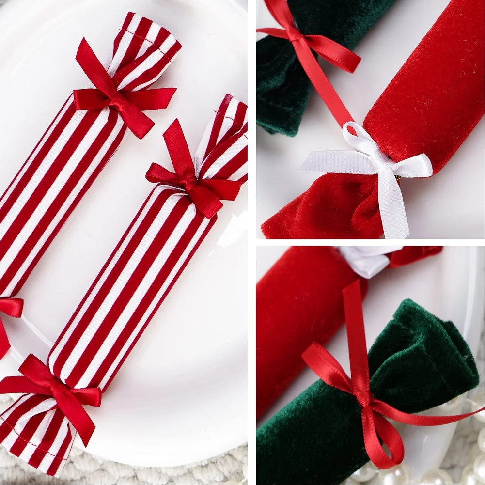 8pcs For Velvet Candy Ornaments Red Green Striped Christmas Tree Decorations 21cm Soft Fabric Hanging Baubles For Holiday Party