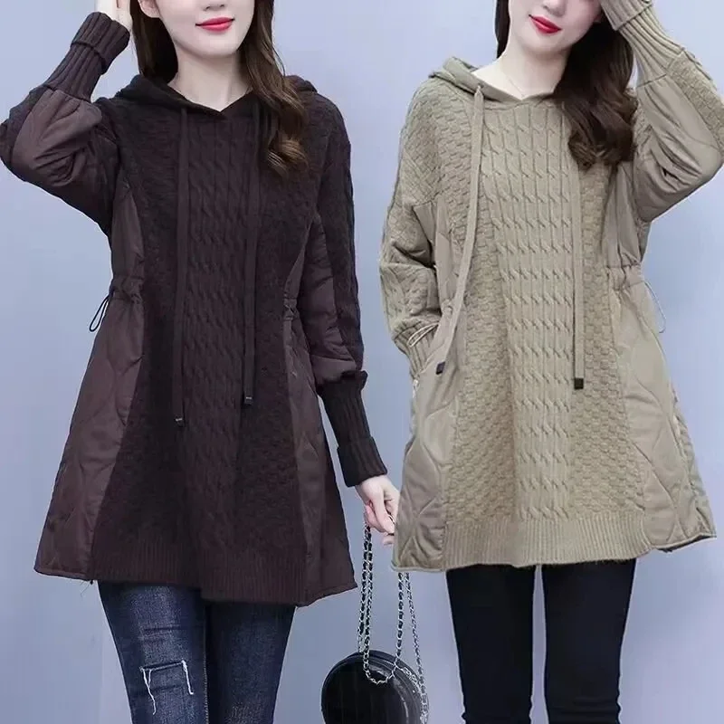 Women's Knitting Pullover Sweater Fashion Hooded Loose Femme Winter Parka Coat New 2026 Autumn/Winter Versatile Splicing
