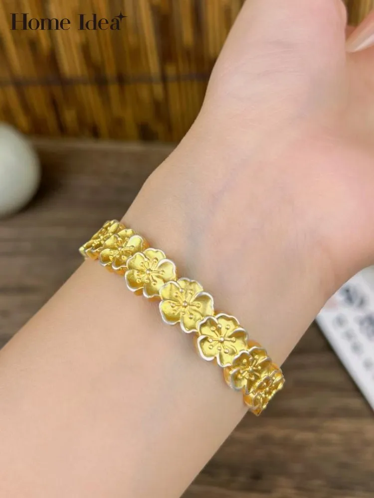 Handmade High Quality 999 Pure Silver Flowers Bracelet Fashion Anniversary Gift Women Sterling Silver Opening Cuff Bracelets