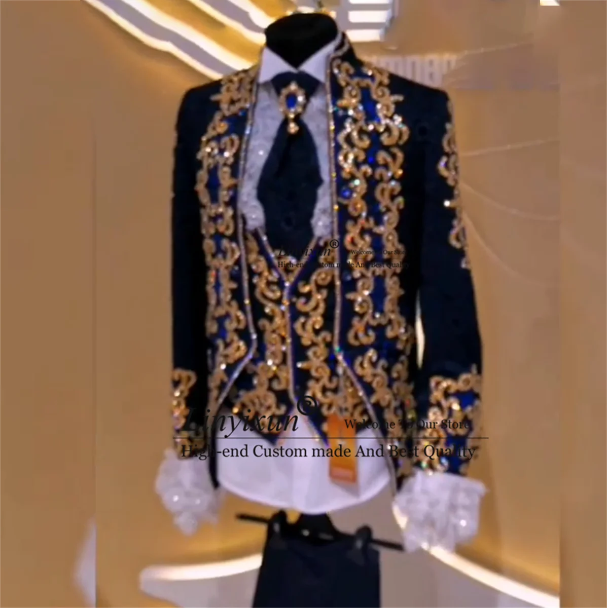 Shiny Beaded Gem Crystals Tuxedos Men Suits 3 Pieces Sets Wedding Groom Tuxedos Male Party Prom Blazers Slim Fit Costume Homme