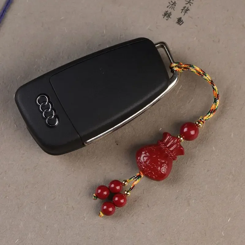 Pure Natural Cinnabar Small Lucky Bag Fu Charms Car Keychain Pendant Mobile Phone Schoolbag Jewelry Bring In Wealth and Treasure