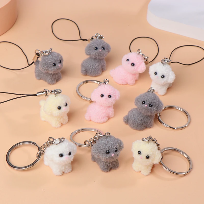 Cute Flocking Puppy Keychain Cartoon Dog Phone Chain Earphone Case Lanyard Pendant Backpack Bag Decor Car Key Ring