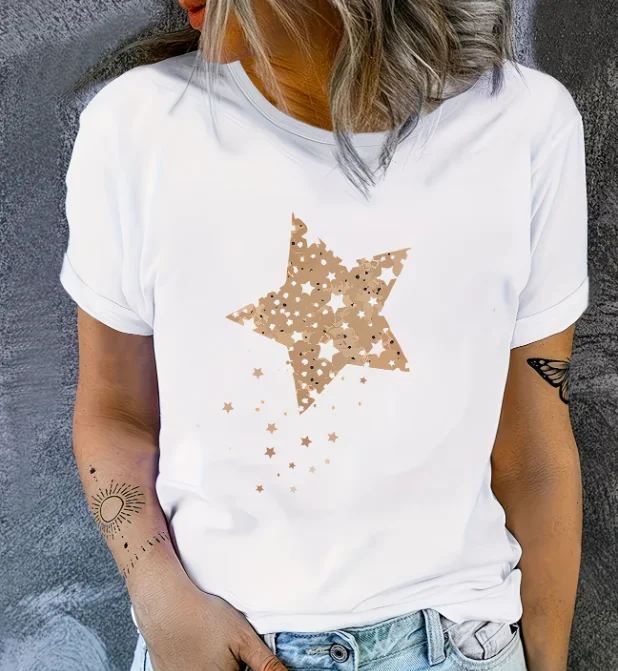 Women Gold Star Print T Shirt Minimalist Starry Print Short Sleeve O Neck Casual Tops Black Summer Streetwear Daily Wear
