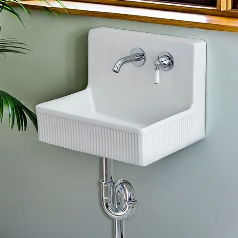 

Bathroom simple wall-mounted ceramic wash basin square striped wall-mounted washbasin small space balcony