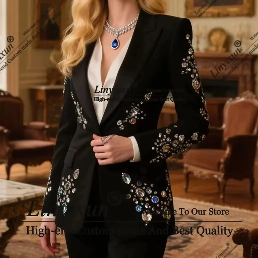 Formal Women's Suit 2-Pieces Jacket+Pants Slim Fit Diamond crystal Luxury ShinyWomens Clothing Pant Set tailleur femm Customized