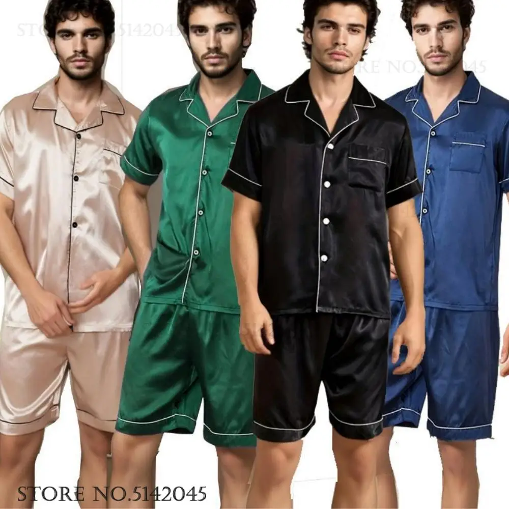 

Men's Sleepwear 2PCS Pajamas Set Summer New Short Sleeve Shorts Pijamas Suit Home Clothes Loose Satin Nightwear Loungewear