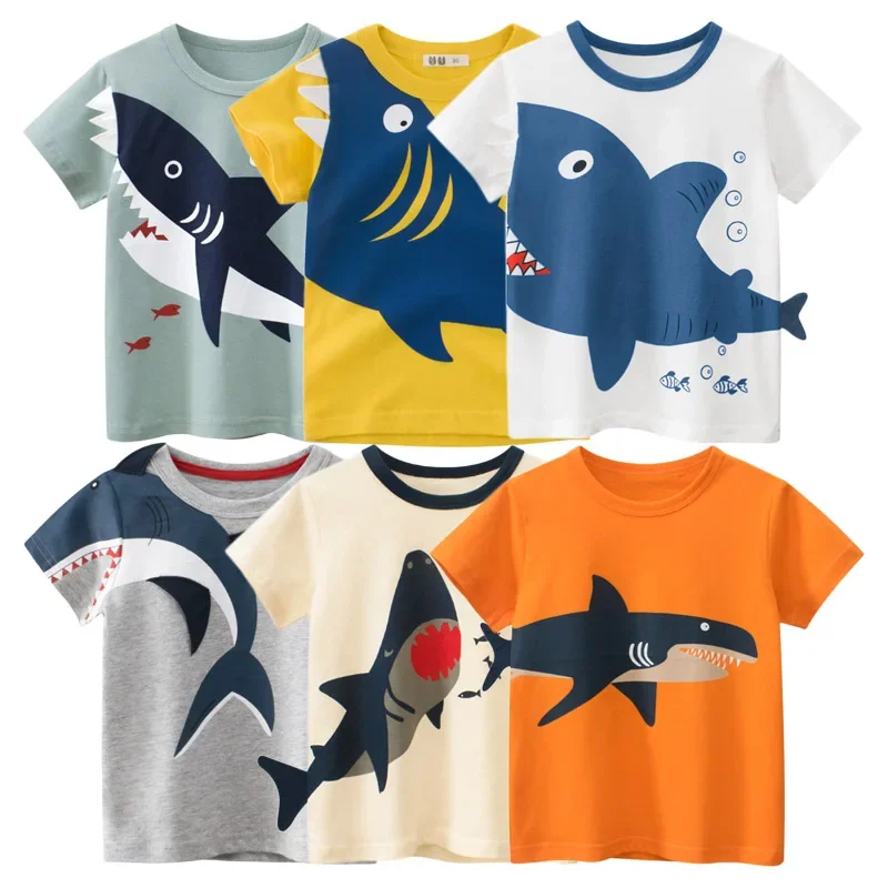 T-shirt imprimé requin dessin animé pour enfants, vêtements d'été pour garçons et filles, t-shirt à manches courtes pour enfants, vêtements en coton, nouveau, 2024