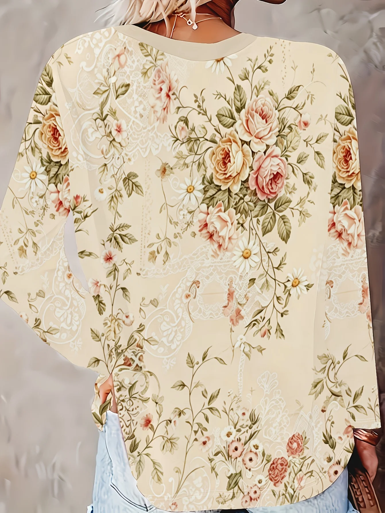 Women's Long Sleeve T-Shirt, Vintage Floral Rose And Daisy Print With Lace Detail On Cream Base, All-Winter Holiday Style Top Suitable For Leisure And Sports Scenarios