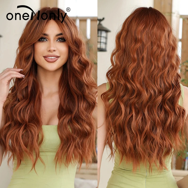 Long Copoer Orange Wig with Bangs Wave Synthetic Wigs Party Cosplay Natural Hair
