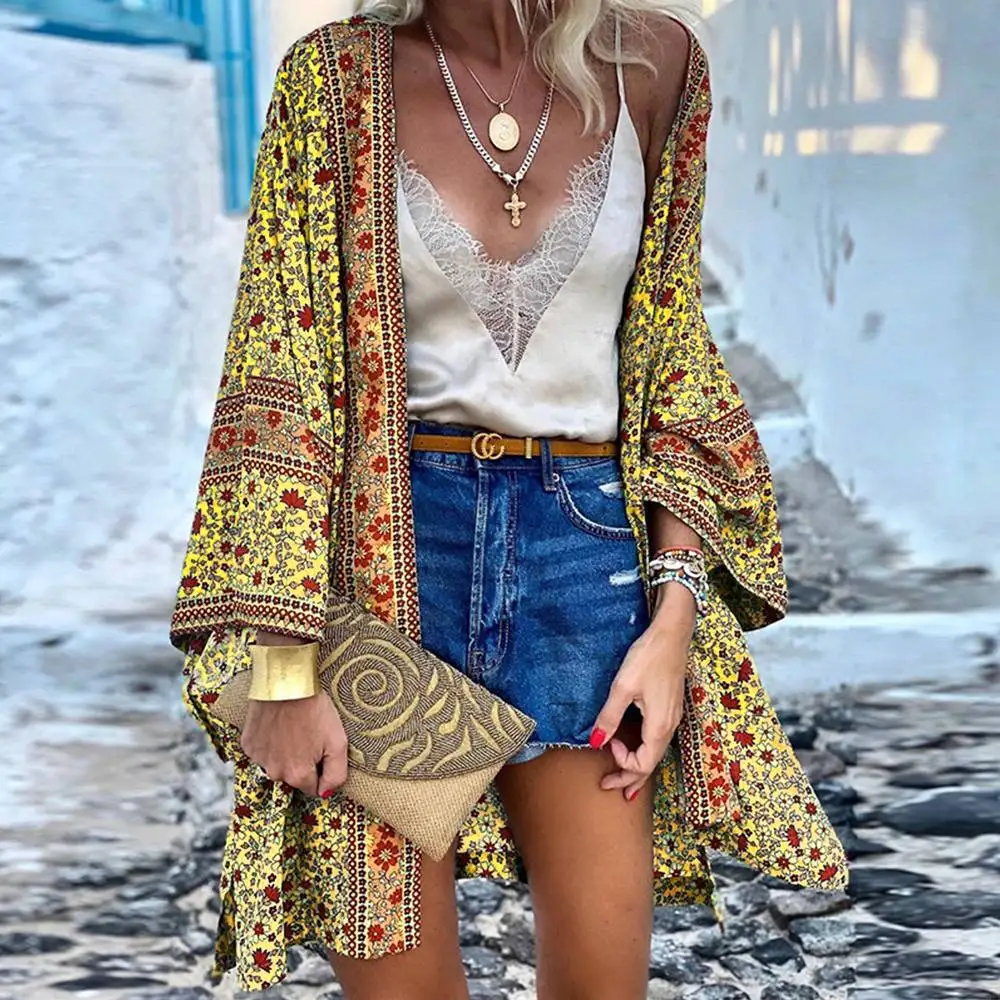 Women Open Stitch Cardigan 2024 New Bohemian Print Cardigan Holiday Kimono Vintage Loose Long Sleeve Mid Length Sunscreen Jacket