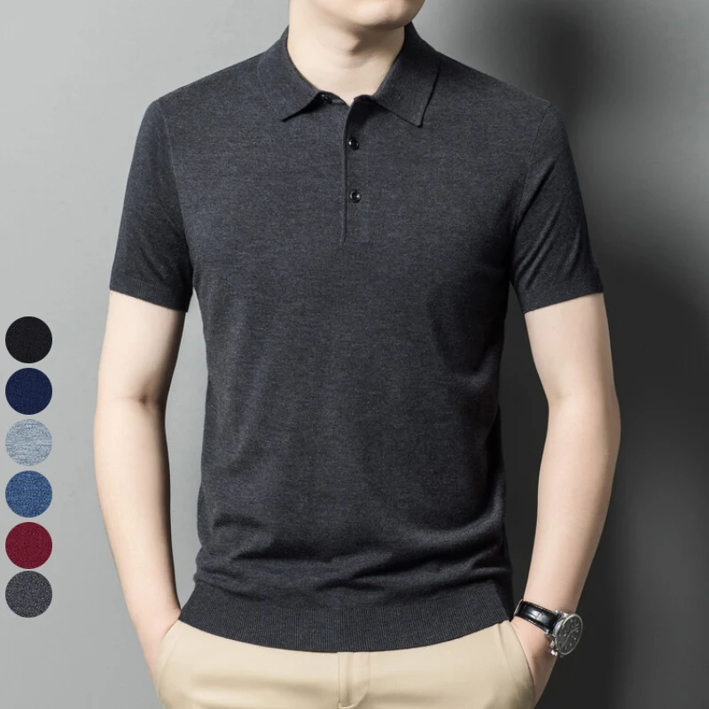 Wool Blend Solid Color Short-sleeve High-quality Men's Stretchy Polo Shirt, Suitable for Daily Commuting, Business, and Leisure