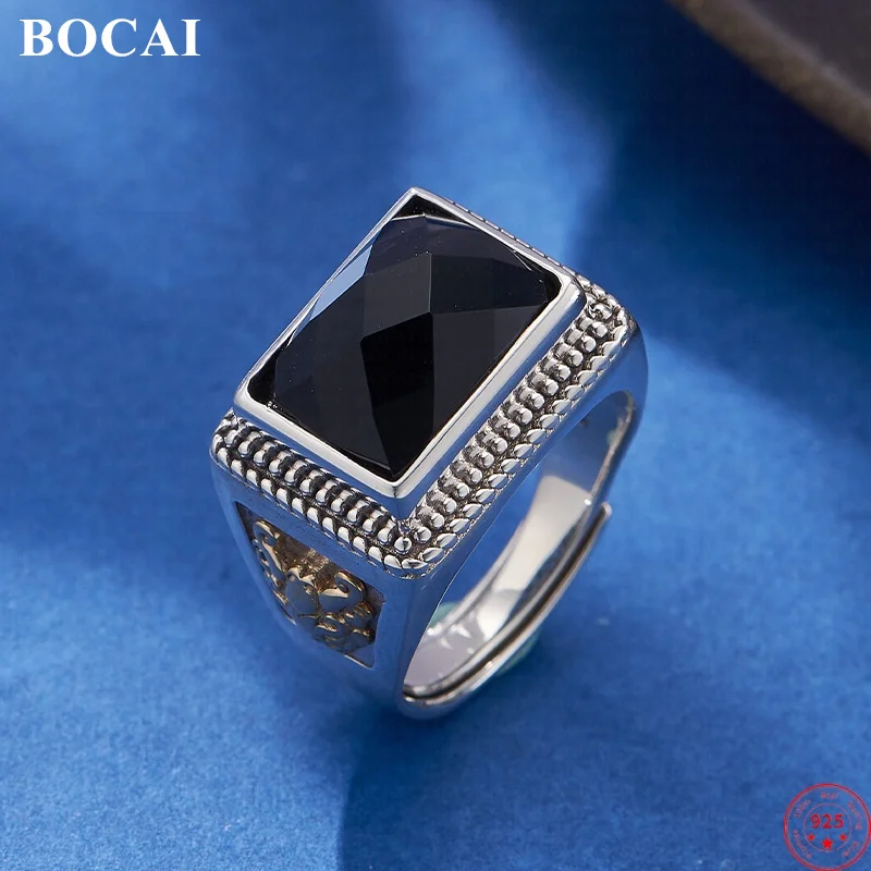 BOCAI S925 Sterling Silver Charms Rings for Men Retro Wealth Animal Pattern Tangent Plane Agate Fashion Punk Jewelry ﻿Wholesale