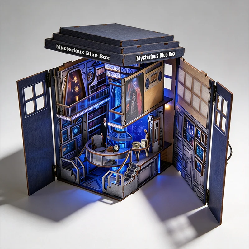 Mysterious Blue Box DIY Book Nook Kit Wooden Assembly with LED Light Mystical Magic Themed Bookshelf Decor Handcraft Gift