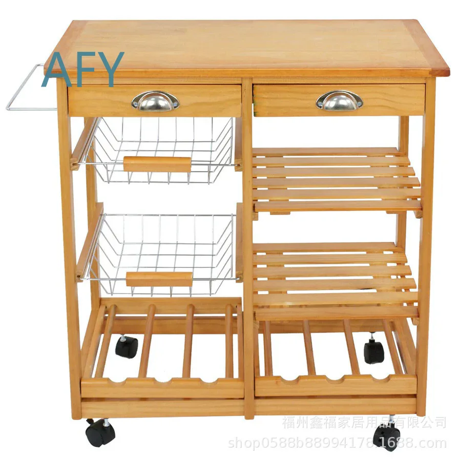 New Custom Log-Colored Roller Wooden Kitchen Island Cart for Home Kitchen Organization Storage Utility Mobile Workstation for