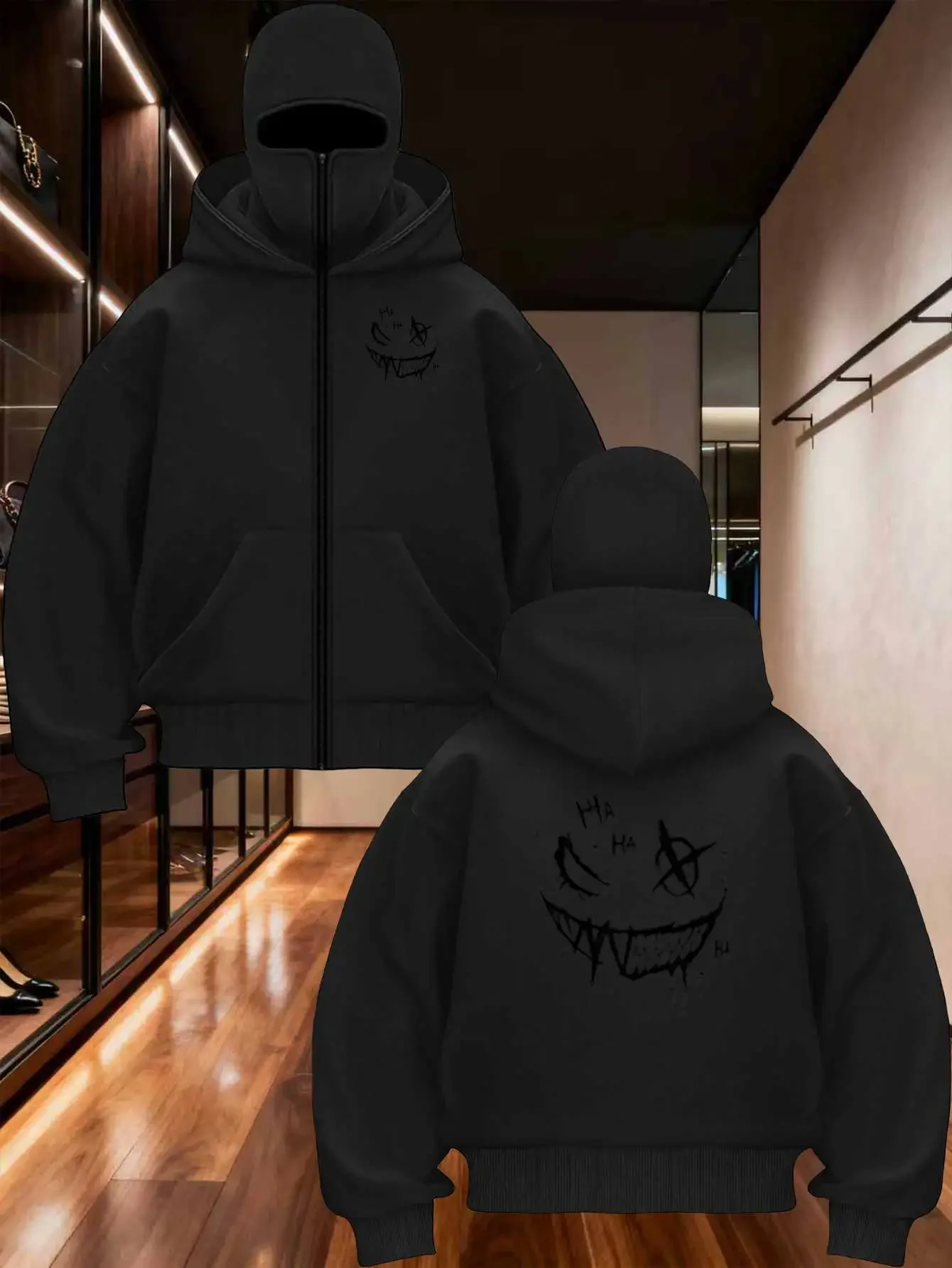 2026 winter and autumn new hooded hood mask men's and women's hoodie, Y2K style splashed ink smiling face graffiti print