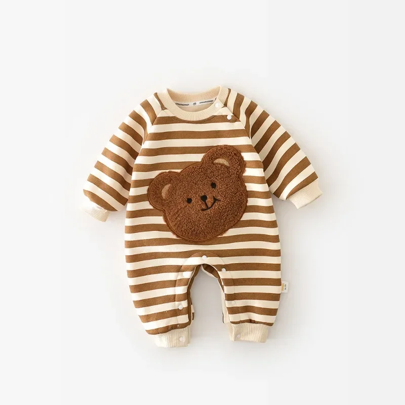 Baby Rompers Thicken Lining Boys Clothes Striped Girls Jumpsuits Cute Bear Long Sleeve Spring Autumn Baby Clothes Outfit 아기옷