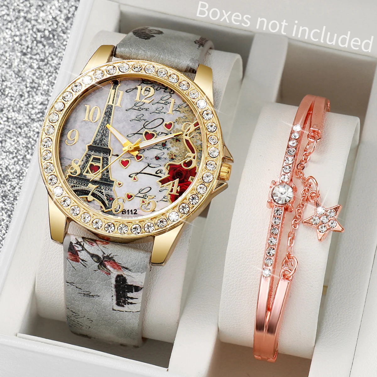 Fashion Women PU Leather Band Eiffel Tower Dial Quartz Watch with Bracelet (Box not Included）