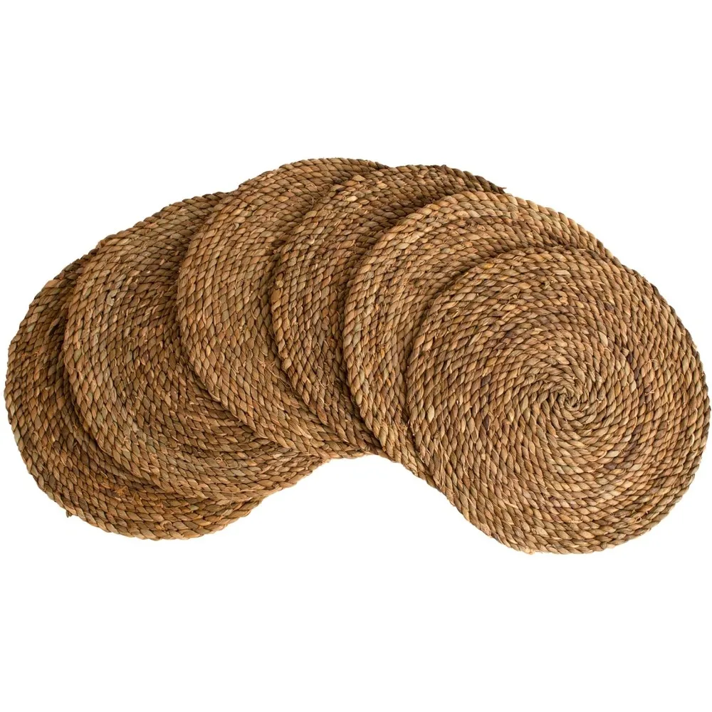 KAZI Essentials Boho Round Woven Placemats – Set of 6,Natural Wicker Cattail Placemats,Braided Heat Resistant Non-Slip Weave