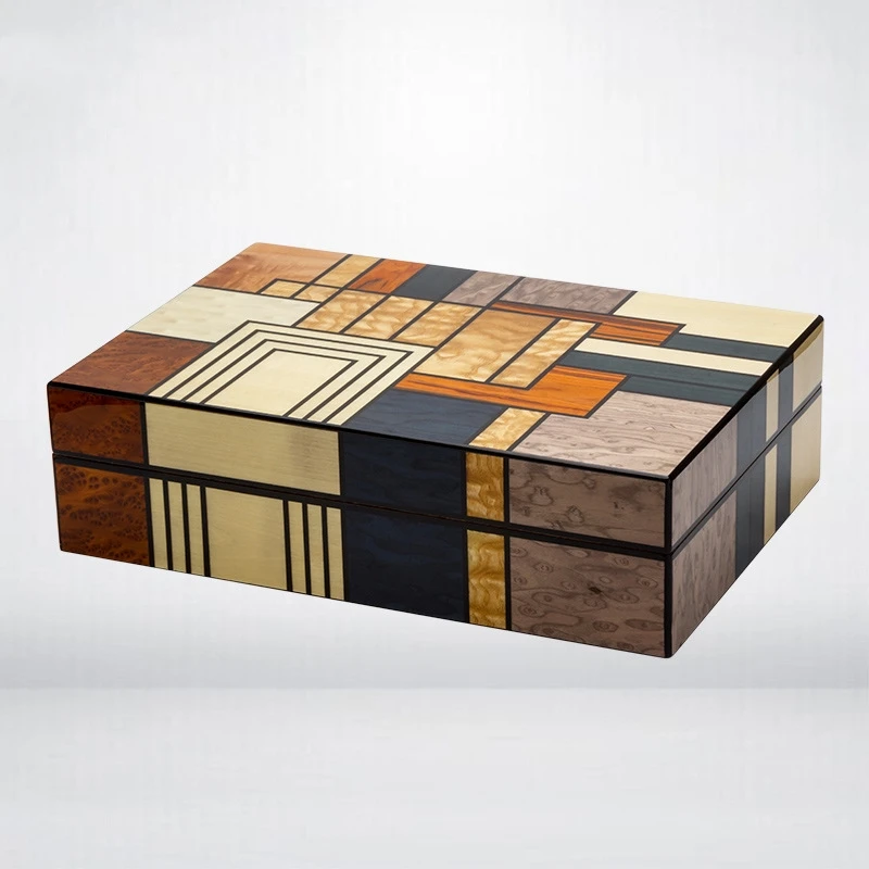 LUBINSKI Cigar Box Snowwood Creative Wood Grain Patchwork Large Capacity Cigar Moisturizing Box Cigarette Box