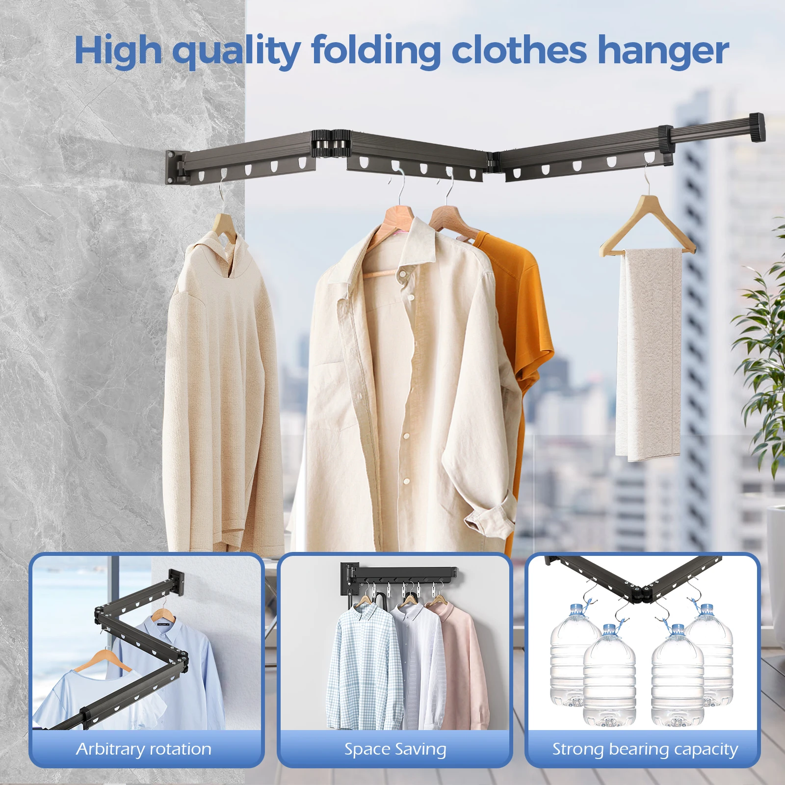Wall Mounted Laundry And Drying Rack,extendable Stainless Steel Triple Fold Hanger,strong Balcony Load-bearing Capacity (3poles)