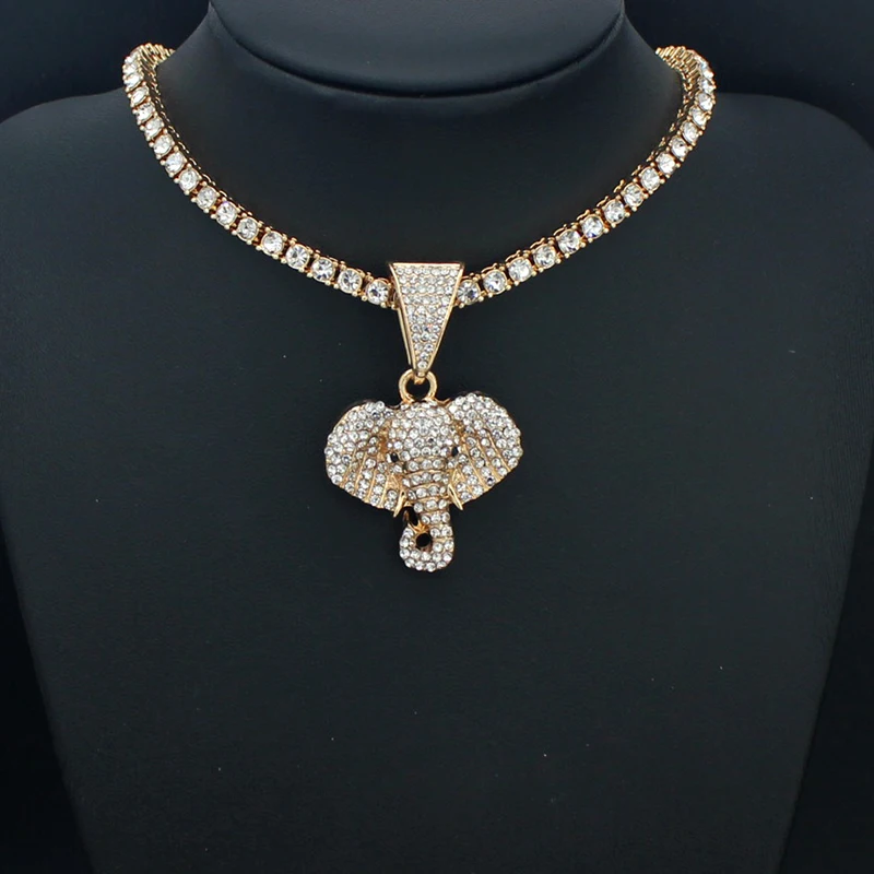 Men Women Hip Hop Animal Elephant Pendant Necklace With 4mm Tennis Chain HipHop Iced Out Bling Necklaces Fashion Charm Jewelry